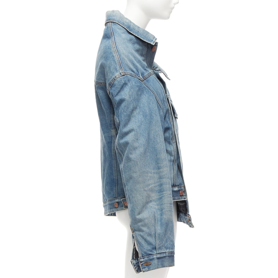 BALENCIAGA Demna 2021 blue washed denim off shoulder deconstructed jacket L