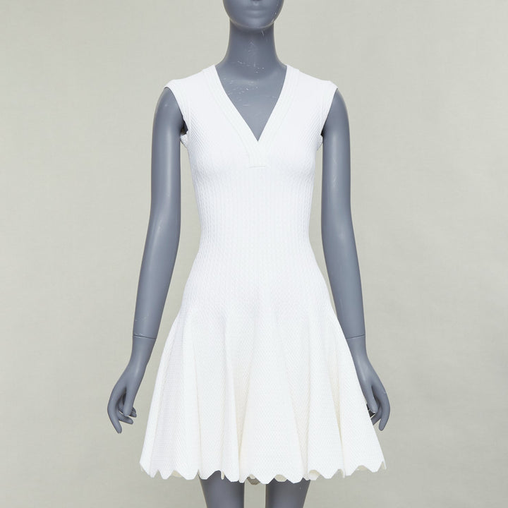 ALAIA cream viscose knit V neck sleeveless scalloped hem fit flare dress FR36 S