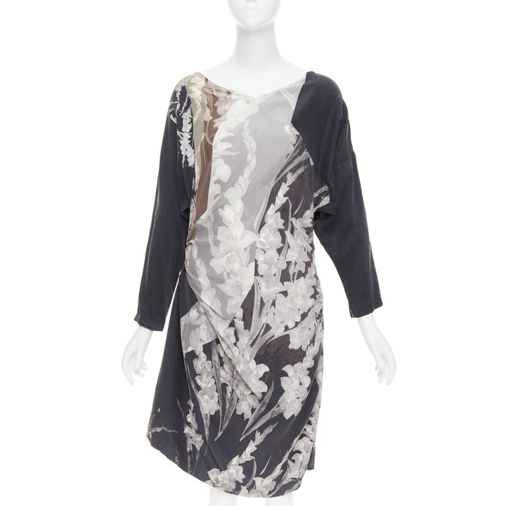 DRIES VAN NOTEN 2009 Vintage silk floral print asymmetric drape dress FR38 M