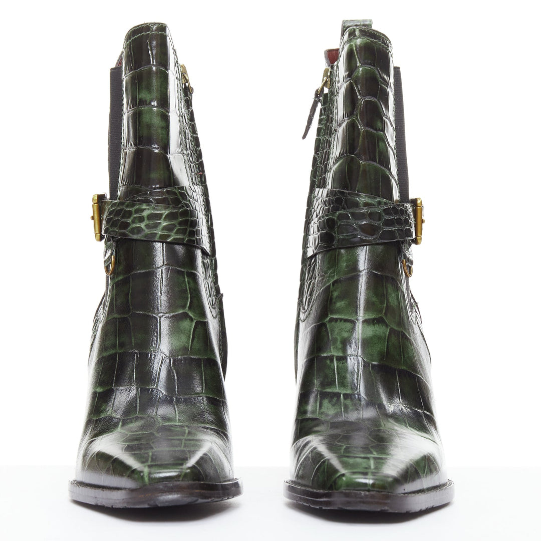 SIES MARJAN 2025 Naomy green croco embossed leather gold buckle ankle boots EU39