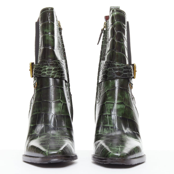 SIES MARJAN 2025 Naomy green croco embossed leather gold buckle ankle boots EU39
