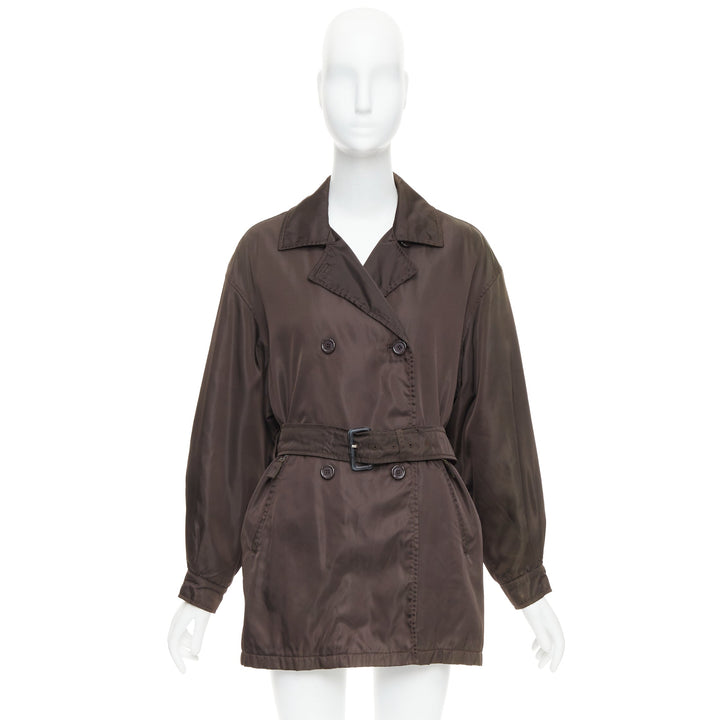 PRADA brown low sheen nylon double breasted short trench coat