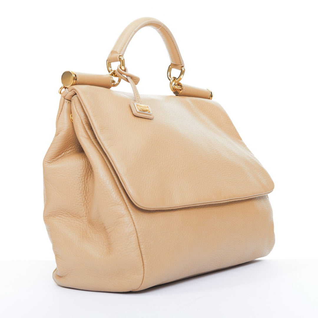DOLCE GABBANA Miss Sicily beige grained calfskin leather medium satchel bag