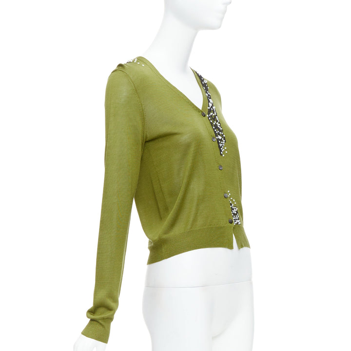 DRIES VAN NOTEN green silk linen bead applique cardigan sweater S