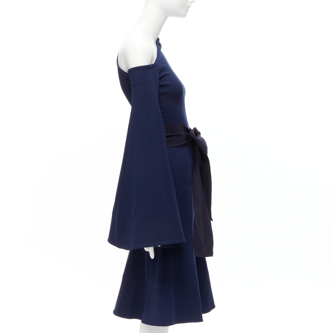 SOLACE LONDON Haso navy blue asymmetric stretch crepe bell sleeves dress UK4 XXS