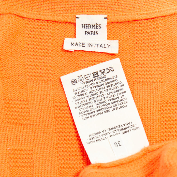 HERMES  H intarsia orange virgin wool V neck oversized cardigan FR36 S