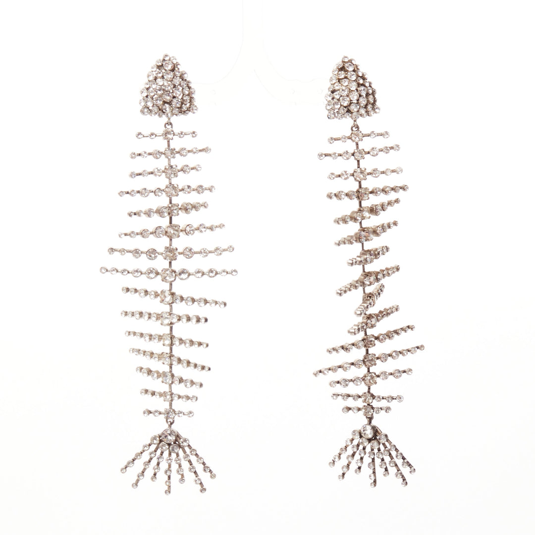 SAINT LAURENT clear crystal spiral fish bone dangling clip on earrings