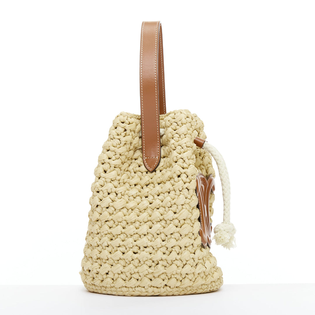 CELINE Teen Triomphe brown leather logo beige raffia drawstring bucket bag