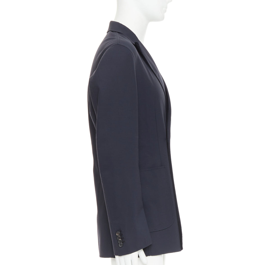 RAF SIMONS black virgin wool off centre buttons patch pocket long blazer IT48 M