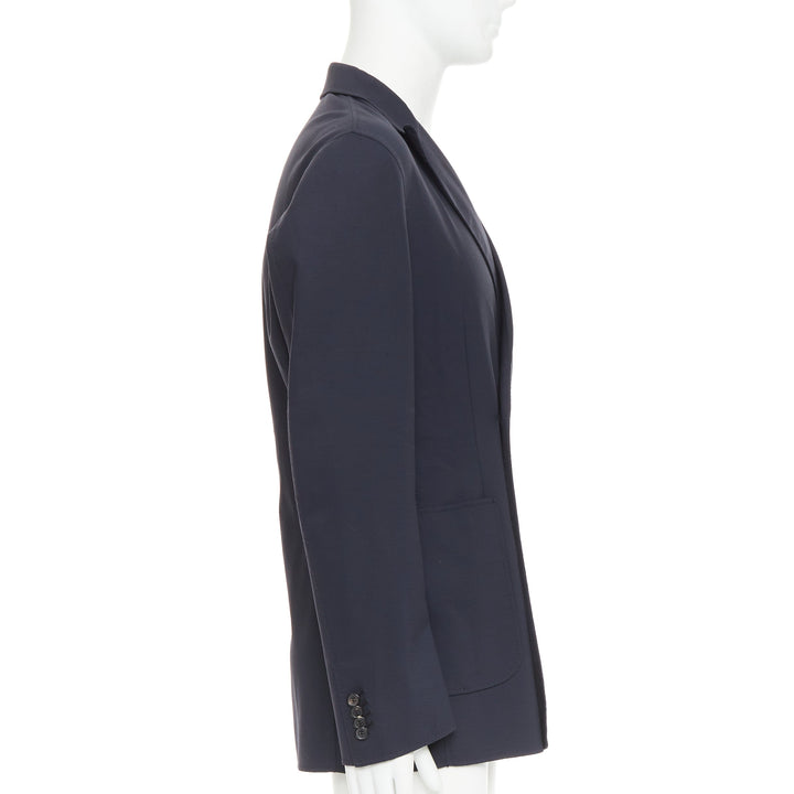 RAF SIMONS black virgin wool off centre buttons patch pocket long blazer IT48 M