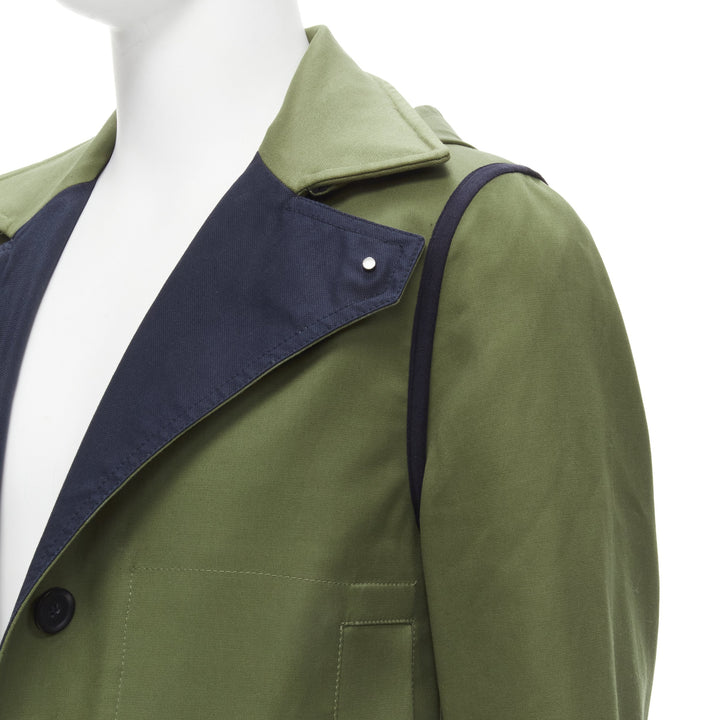 VALENTINO Reversible green navy cotton poplin oversized collar mid coat EU48 M