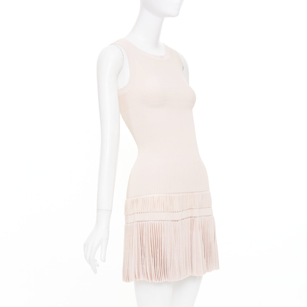 ALAIA pale blush pink open work drop waist plisse fringe knit mini dress FR36 S