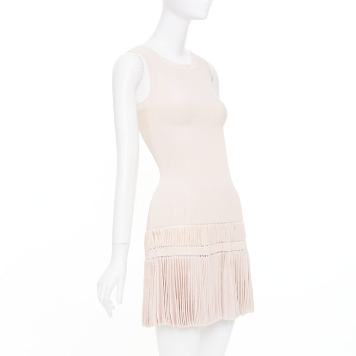 ALAIA pale blush pink open work drop waist plisse fringe knit mini dress FR36 S