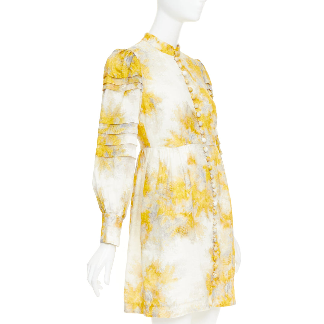 ZIMMERMANN 2021 Botanica yellow grey linen Wattle floral puff sleeve dress Sz1 S