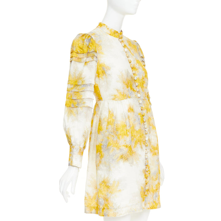 ZIMMERMANN 2021 Botanica yellow grey linen Wattle floral puff sleeve dress Sz1 S