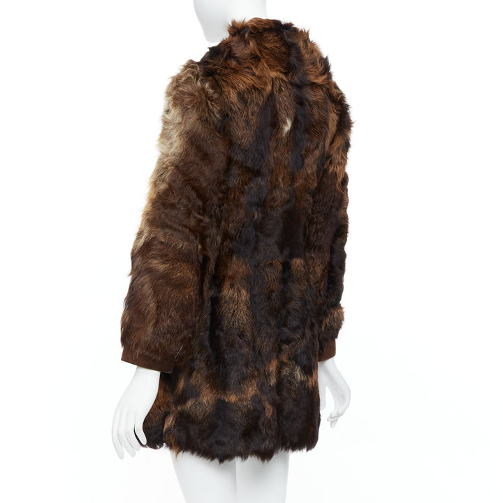 FRYLANE PARIS mixed texture brown genuine fur large button front leather coat
