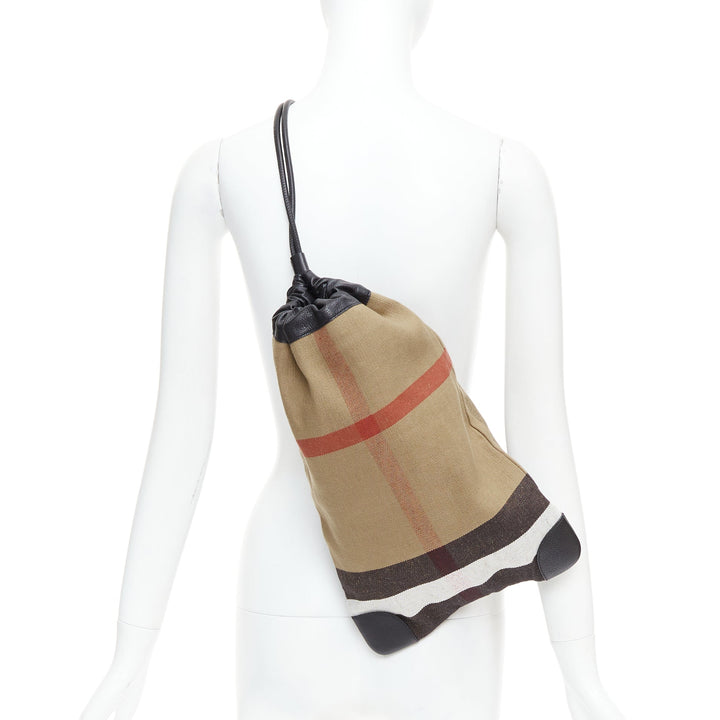 BURBERRY House Check cotton canvas leather trim sling backpack