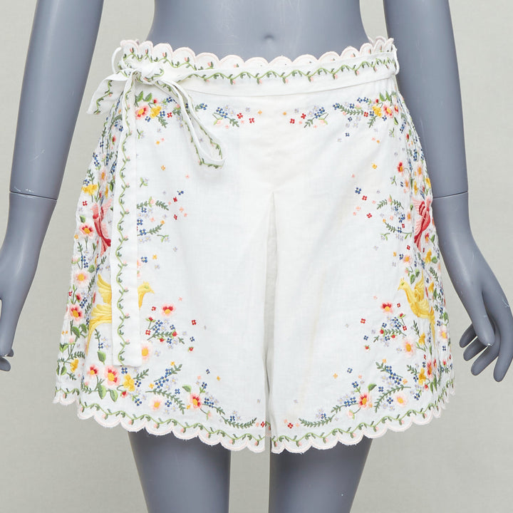 ZIMMERMANN Carnaby white linen cotton phoenix embroidery scallop shorts US2 S2