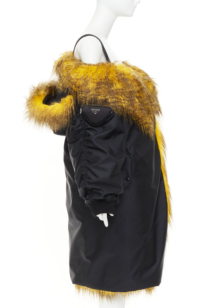 rare PRADA 2021 Raf Simons Runway yellow fur black off shoulder bomber IT38 XS