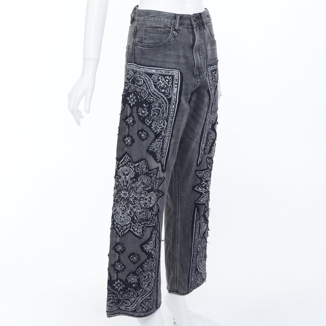 R13 2024 Venti black paisley raw hem drop crotch loose boyfriend jeans 23"