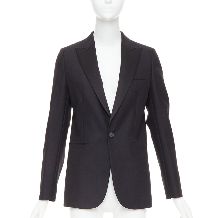 CHRISTIAN DIOR black wool mohair boxy peak collar tux jacket FR36