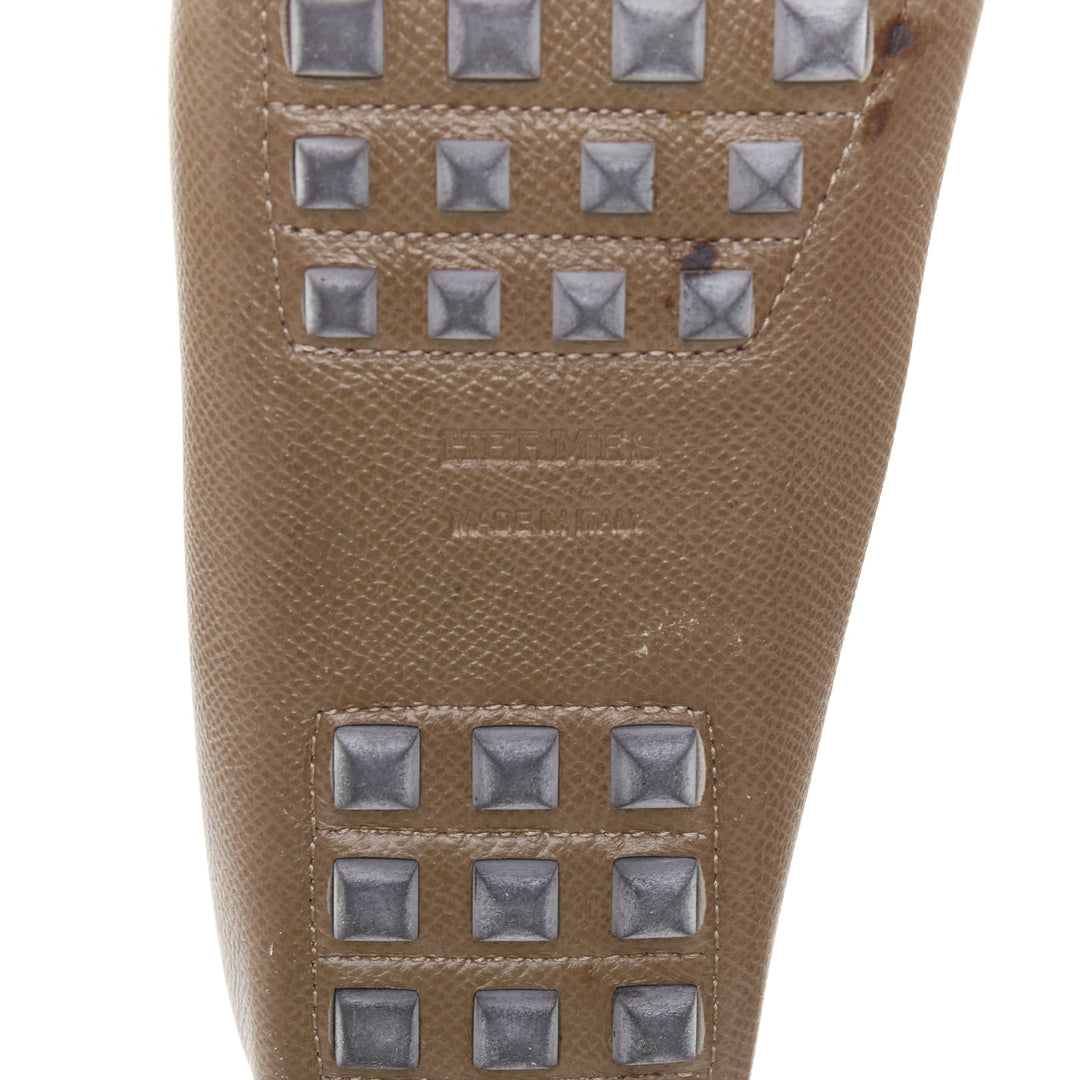 HERMES Irving stone taupe leather silver stud driving loafers EU35.5