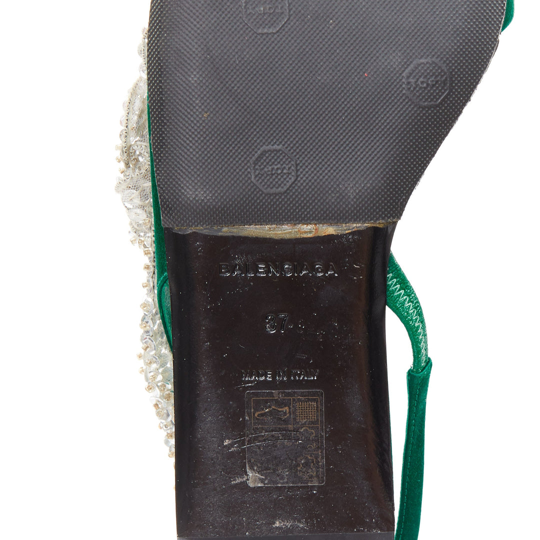 BALENCIAGA 2017 Tess emerald green satin silver sequin open toe flat sandal EU37