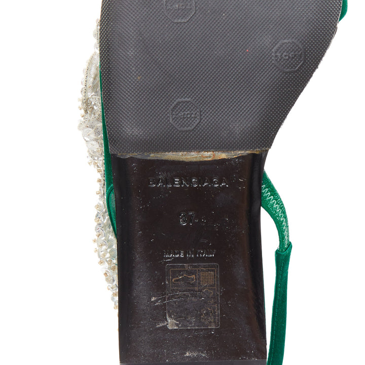 BALENCIAGA 2017 Tess emerald green satin silver sequin open toe flat sandal EU37