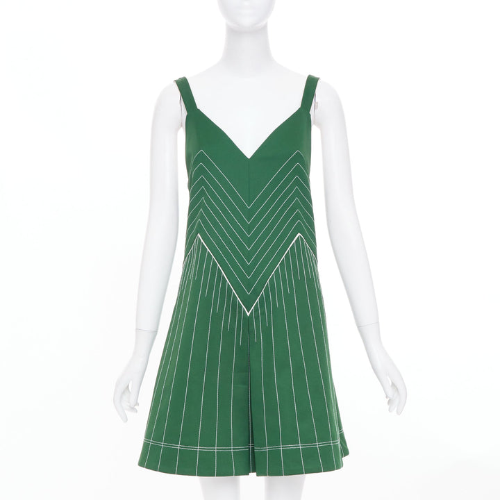 VALENTINO green contrast topstitch V neck silk lining sleeveless dress IT40 S