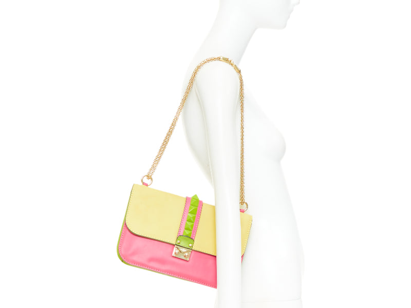 VALENTINO Glam Lock yellow green pink pop Rockstud leather push lock flap bag