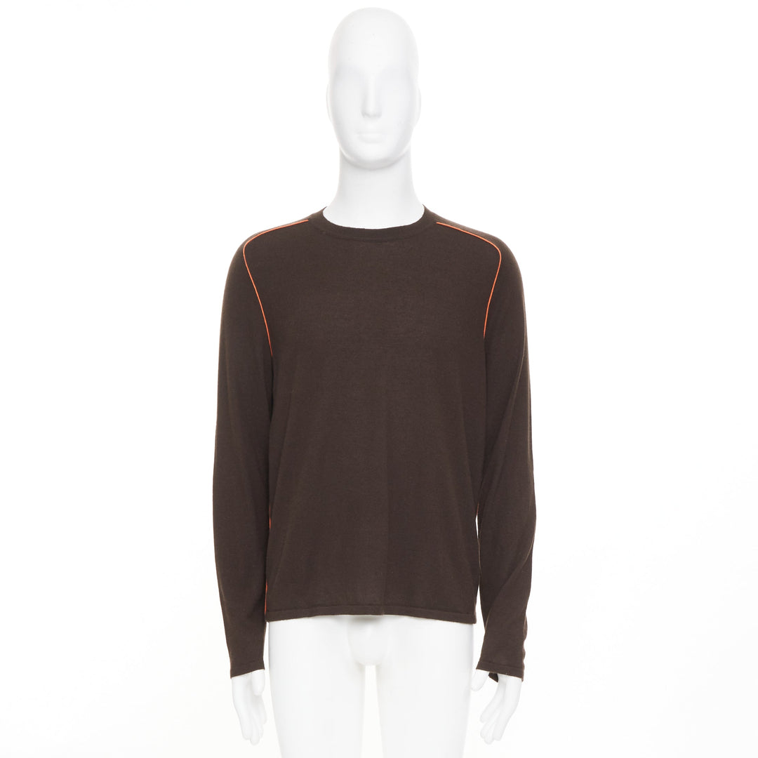 HERMES Vintage 100% cashmere brown contrast orange piping knit crew sweater M