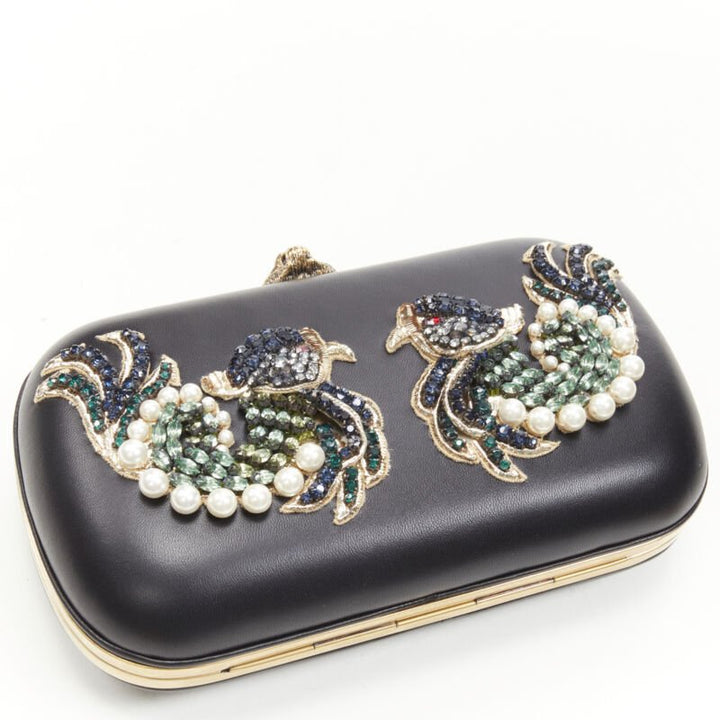 rare GUCCI Limited Edition black Double Swallow crystal pearl embellished clutch