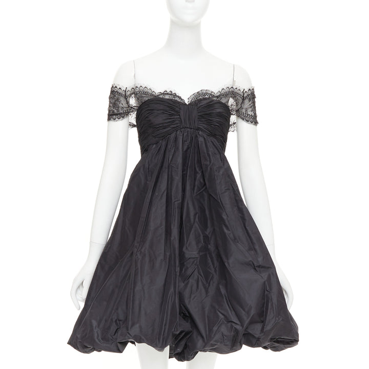 OSCAR DE LA RENTA Vintage black lace trim ruched bow cocktail bubble dress US2 S