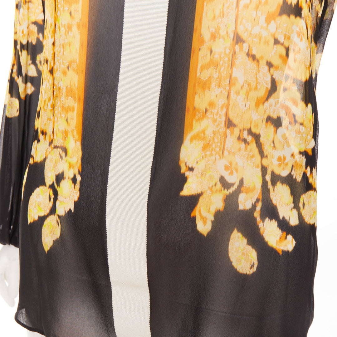 GIAMBATTISTA VALLI silk gold black grosgrain print sheer chiffon blouse IT38 XXS