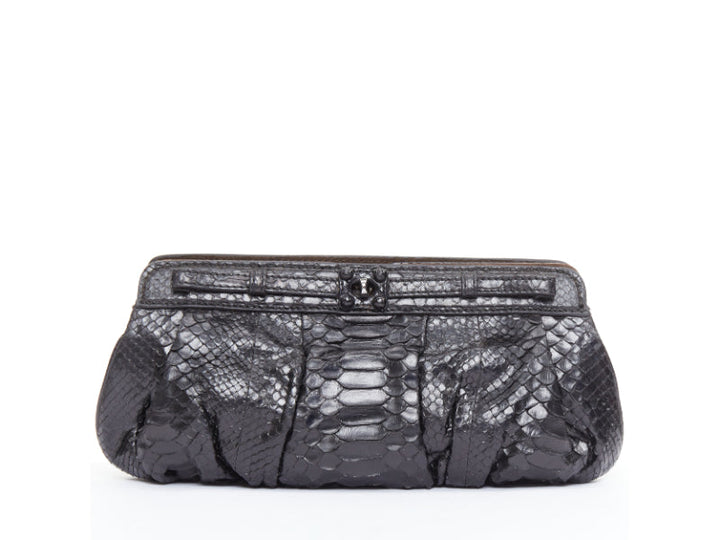 ZAGLIANI glossy black scaled leather framed turnlock evening clutch bag