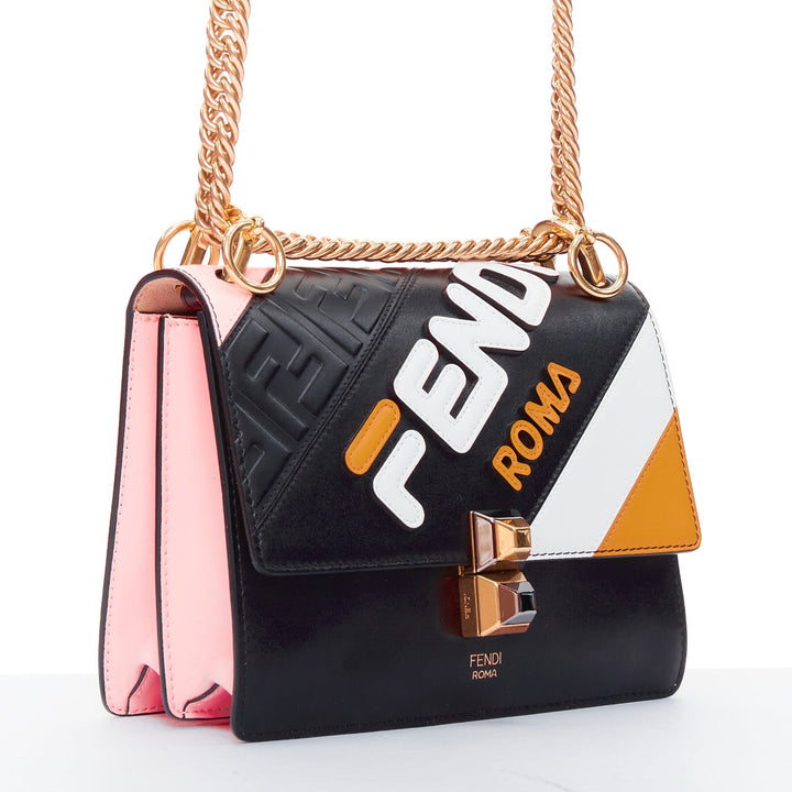 FENDI FILA 2018 Roma Mania Kan I black yellow leather crossbody flap bag