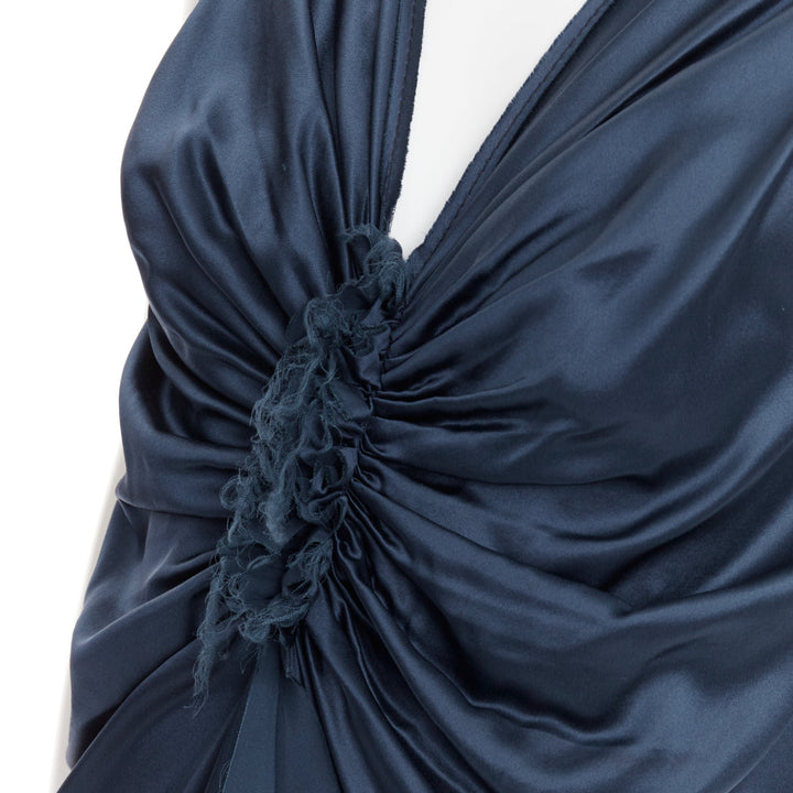 LANVIN 2007  Alber Elbaz  midnight blue silk gathered ruched draped dress FR38 M