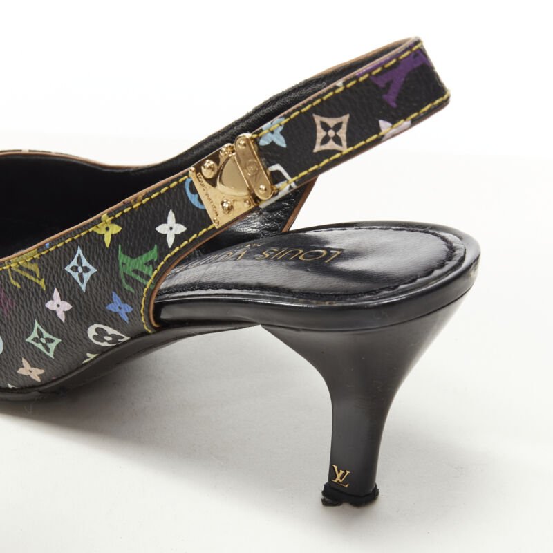 LOUIS VUITTON black multicolour monogram gold stud slingback pump EU36.5