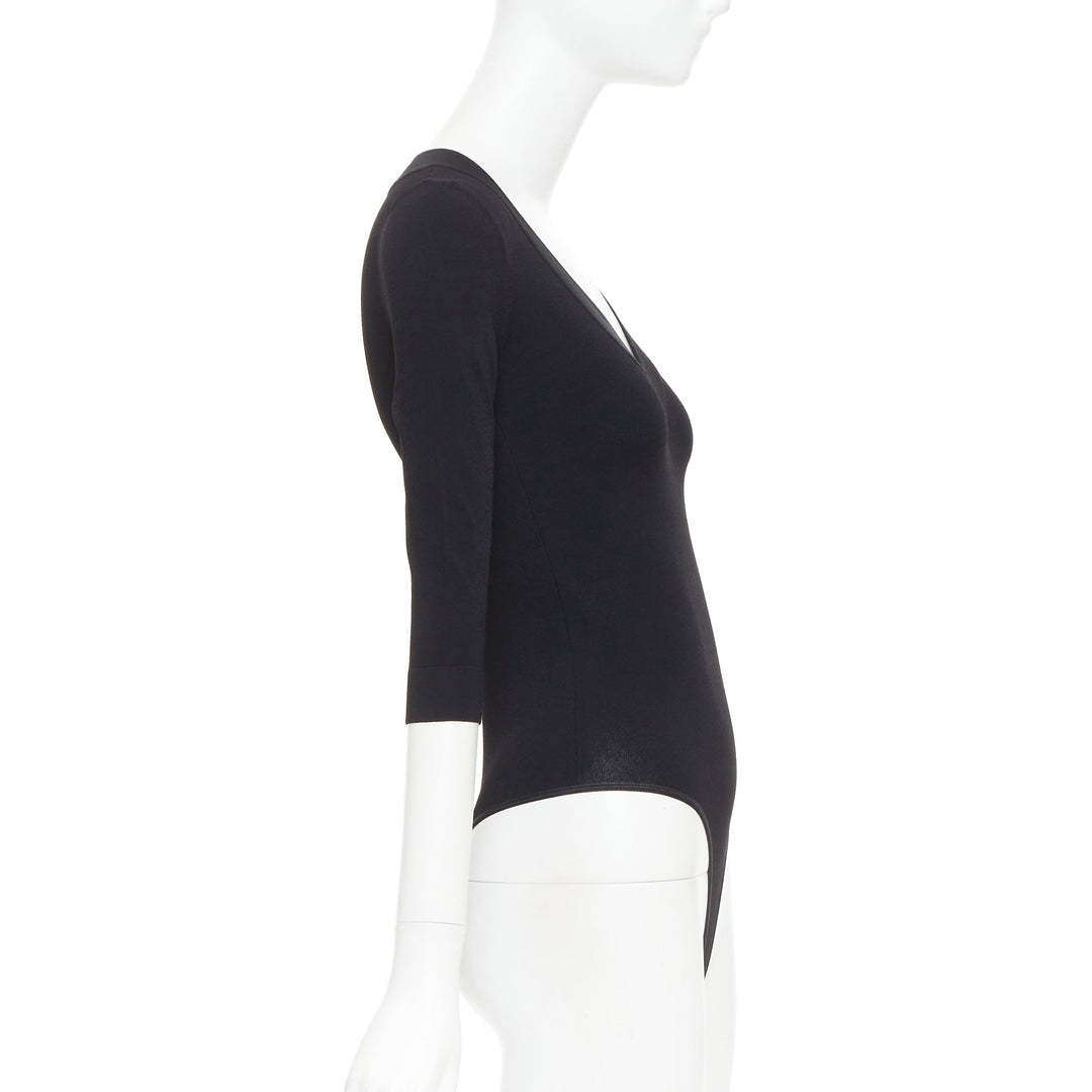 ALAIA black viscose blend V-neck bodysuit t-shirt leotard top FR36 S