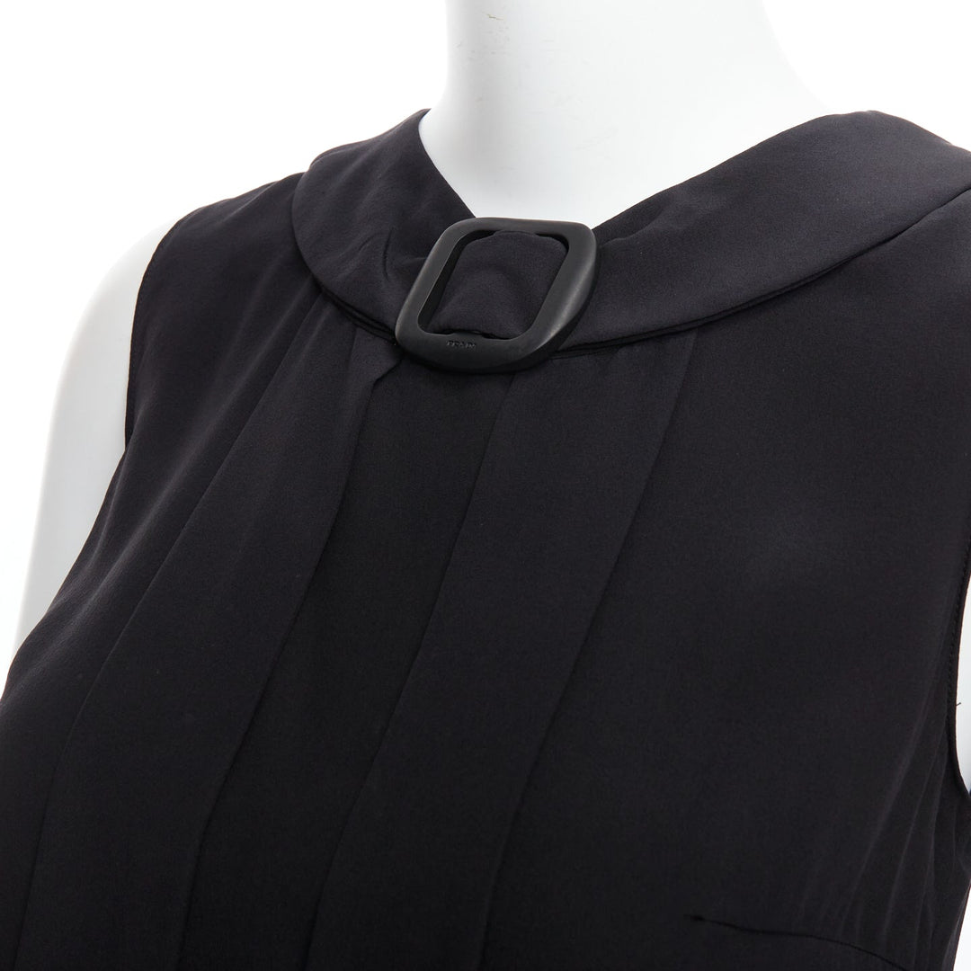 PRADA 2011 black 100% silk logo plastic buckle neck pleated top IT38 XS