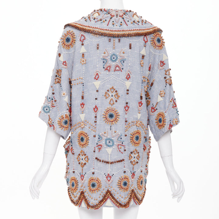 rare MATTHEW WILLIAMSON blue geometric wood bead pearl embellished coat UK12 L