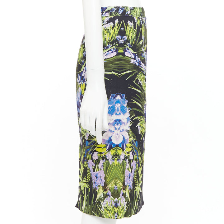 GIVENCHY 2012 symmetric purple green orchid viscose pencil skirt FR38 M