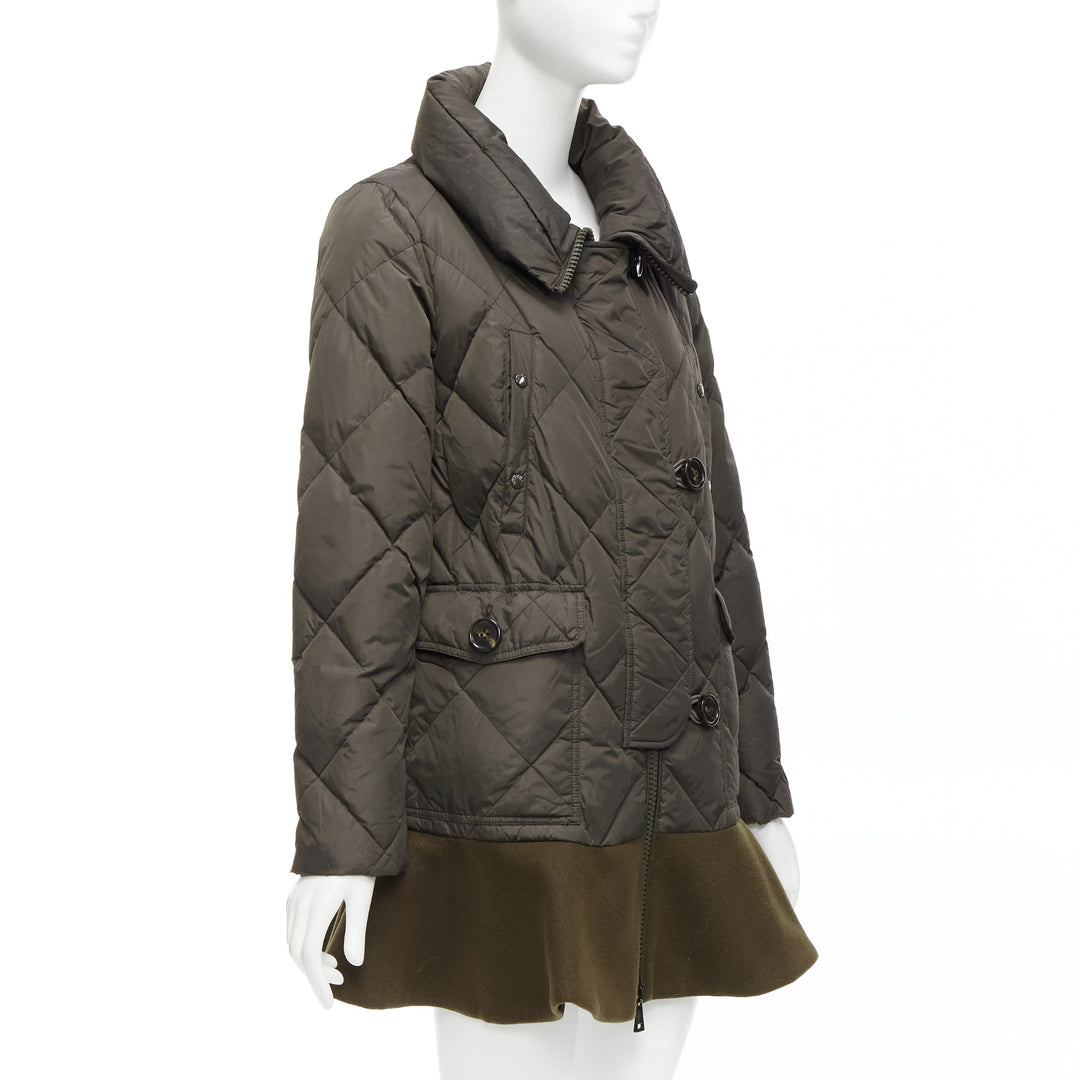 MONCLER Norme Afnor khaki quilted virgin wool blend frill hem coat Sz1 M
