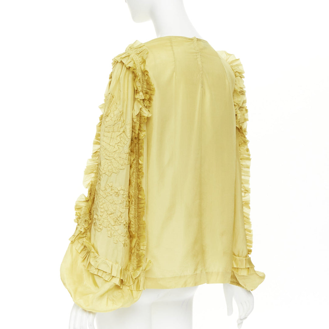 DRIES VAN NOTEN yellow 100% silk ruffle applique puff sleeve blouse FR38 M