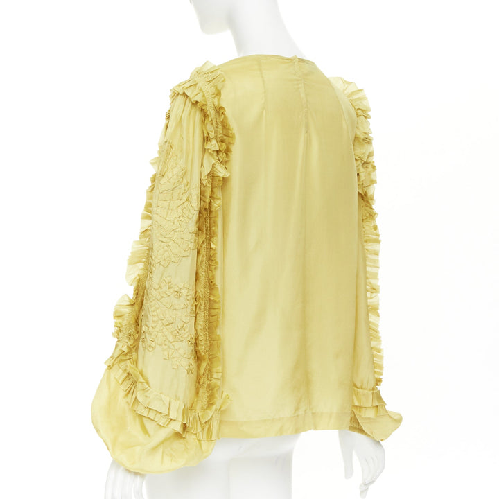 DRIES VAN NOTEN yellow 100% silk ruffle applique puff sleeve blouse FR38 M