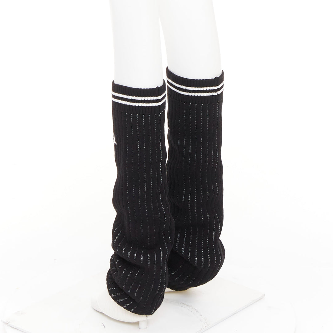 CHANEL 24C Runway CC logo black white ribbed knit striped trim leg warmers OS