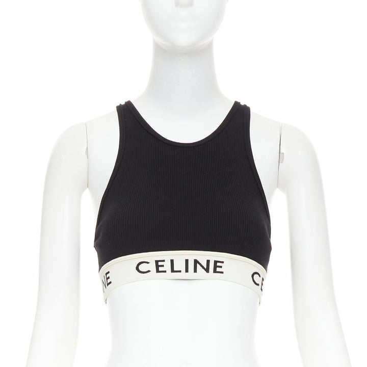 CELINE black cotton blend cream ribbed logo round neck bra top S Lisa Blackpink