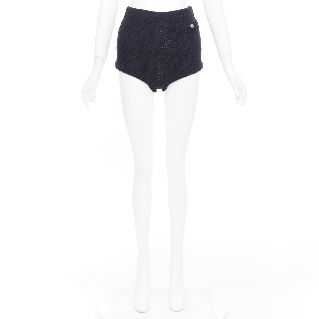 CHLOE 2024 Runway classic navy wool cashmere blend button knit mini shorts XS