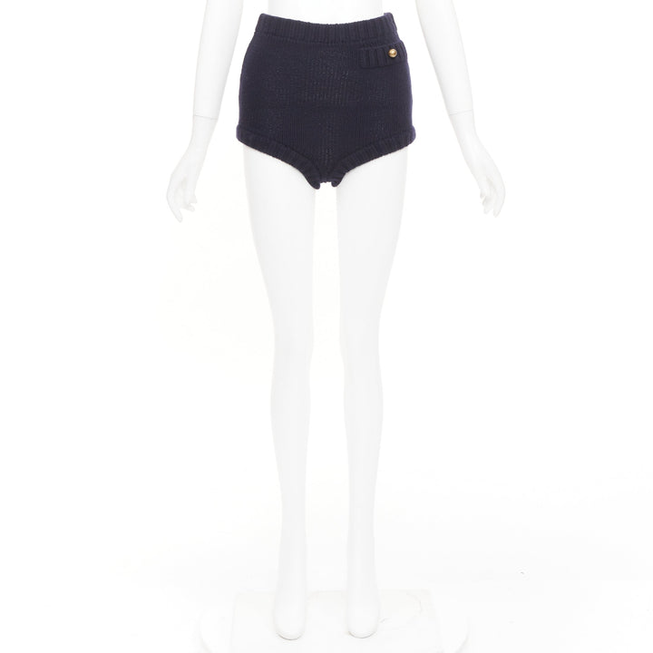 CHLOE 2024 Runway classic navy wool cashmere blend button knit mini shorts XS