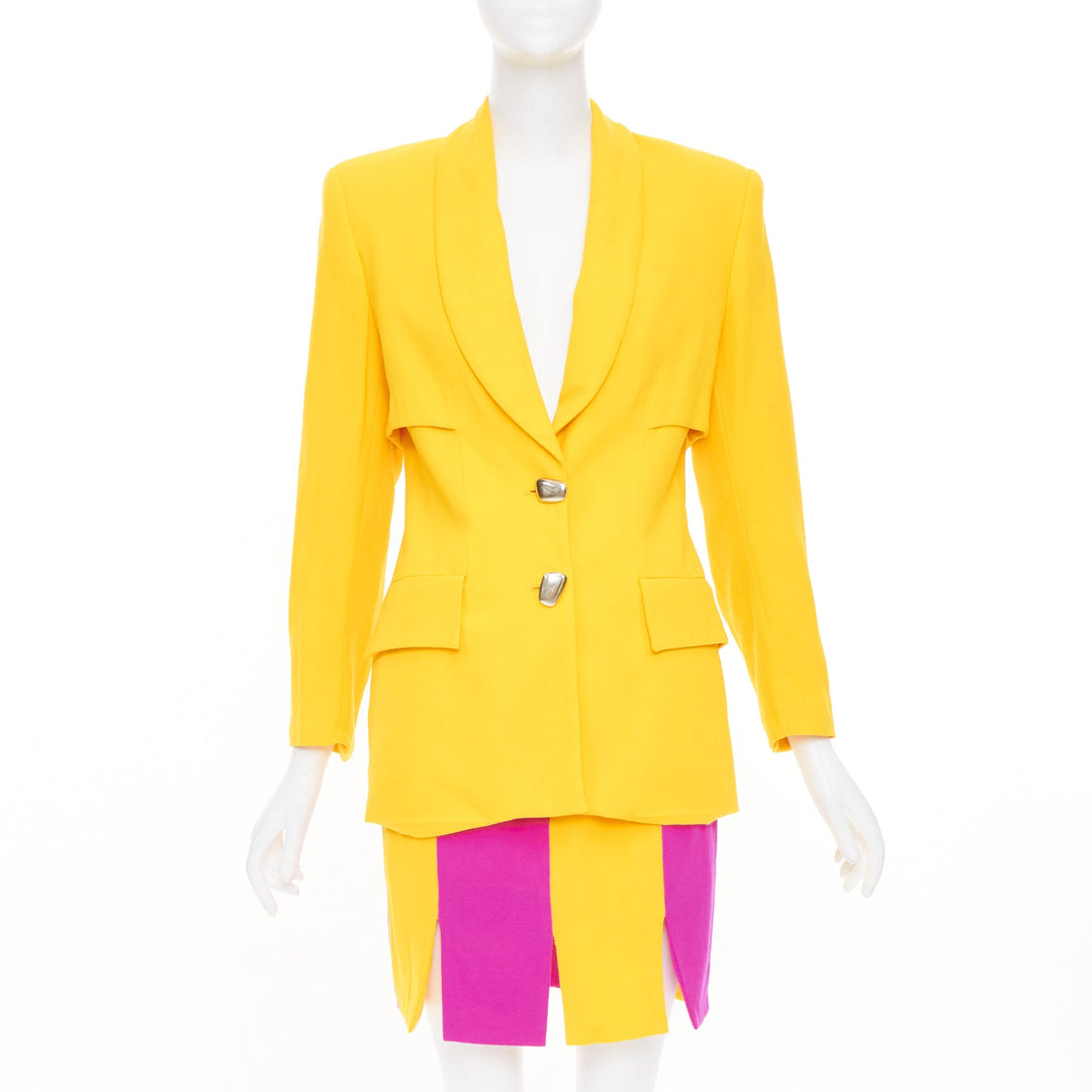 TAHARI Vintage yellow fuchsia block tiered blazer skirt suit set US 6 M